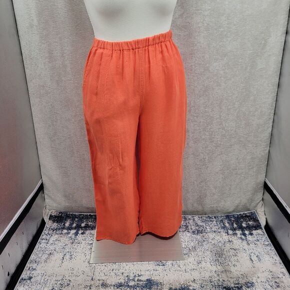 Flax Coral Orange Linen Wide Leg Pants Button Up Tunic Top Matching Set - Picture 3 of 16